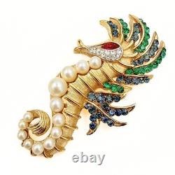 Vintage Crown Trifari Faux Pearl Rhinestone Figural Seahorse Gold Plated Brooch
