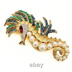 Vintage Crown Trifari Faux Pearl Rhinestone Figural Seahorse Gold Plated Brooch