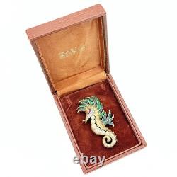 Vintage Crown Trifari Faux Pearl Rhinestone Figural Seahorse Gold Plated Brooch
