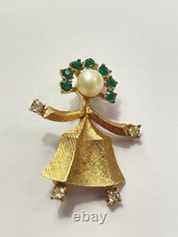 Vintage Crown Trifari Gold Girl Figure Brooch Green Clear Crystal Accents