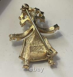 Vintage Crown Trifari Gold Girl Figure Brooch Green Clear Crystal Accents