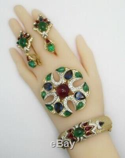 Vintage Crown Trifari Jewels of India Bangle Bracelet, Brooch, Clip Earrings