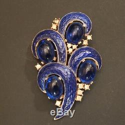 Vintage Crown Trifari L'Orient Cobalt Blue Cabochons Rhinestone Enamel Brooch
