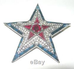 Vintage Crown Trifari Layered Rhinestone Red White Blue Large Star Brooch Pin