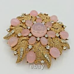 Vintage Crown Trifari Pink Starburst Rhinestone Flower Wreath Brooch Gold Tone
