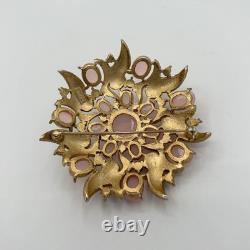 Vintage Crown Trifari Pink Starburst Rhinestone Flower Wreath Brooch Gold Tone