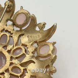 Vintage Crown Trifari Pink Starburst Rhinestone Flower Wreath Brooch Gold Tone