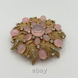 Vintage Crown Trifari Pink Starburst Rhinestone Flower Wreath Brooch Gold Tone