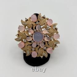 Vintage Crown Trifari Pink Starburst Rhinestone Flower Wreath Brooch Gold Tone