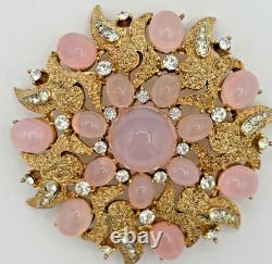 Vintage Crown Trifari Pink Starburst Rhinestone Flower Wreath Brooch Gold Tone