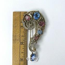 Vintage Crown Trifari Question Mark Fur Pin Brooch Pin Pink Blue Rhinestones