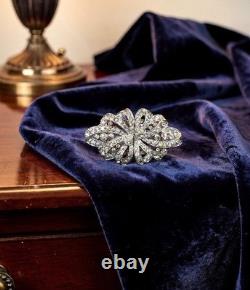 Vintage Crown Trifari Rhinestone Bow Duette Brooch & Dress Clips Silver-Tone Art