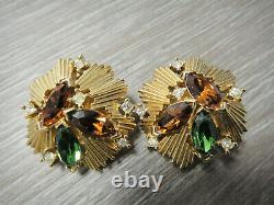 Vintage Crown Trifari Rhinestone Bracelet Brooch Pin Earrings Gold Tone 60s Set