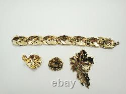 Vintage Crown Trifari Rhinestone Bracelet Brooch Pin Earrings Gold Tone 60s Set