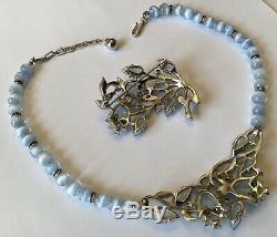 Vintage Crown Trifari Signed Blue Poured Glass Flower Necklace & Brooch