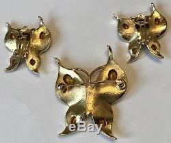 Vintage Crown Trifari Signed Clear Rhinestones Butterfly Brooch& Earrings A2