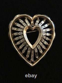 Vintage Crown Trifari Signed Rhinestone Heart Rose Gold Brooch Pin