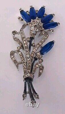 Vintage Crown Trifari Silver Blue Clear Rhinestone Enamel Flower Pin Brooch