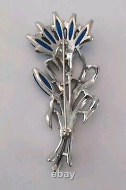 Vintage Crown Trifari Silver Blue Clear Rhinestone Enamel Flower Pin Brooch