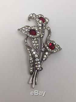 Vintage Crown Trifari Spaney Ruby Red Rhinestone Calla Lily Flower Pin Brooch