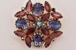 Vintage Crystal Flower Pin Brooch Prong Bezel Rhinestone Purple Blue Gold BinBG