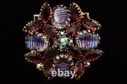 Vintage Crystal Flower Pin Brooch Prong Bezel Rhinestone Purple Blue Gold BinBG