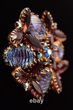 Vintage Crystal Flower Pin Brooch Prong Bezel Rhinestone Purple Blue Gold BinBG