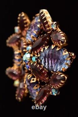 Vintage Crystal Flower Pin Brooch Prong Bezel Rhinestone Purple Blue Gold BinBG