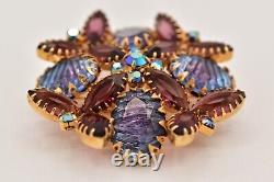 Vintage Crystal Flower Pin Brooch Prong Bezel Rhinestone Purple Blue Gold BinBG