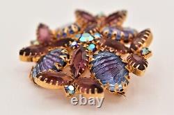 Vintage Crystal Flower Pin Brooch Prong Bezel Rhinestone Purple Blue Gold BinBG