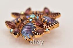 Vintage Crystal Flower Pin Brooch Prong Bezel Rhinestone Purple Blue Gold BinBG