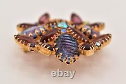 Vintage Crystal Flower Pin Brooch Prong Bezel Rhinestone Purple Blue Gold BinBG