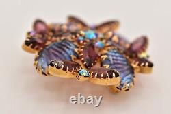 Vintage Crystal Flower Pin Brooch Prong Bezel Rhinestone Purple Blue Gold BinBG