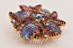 Vintage Crystal Flower Pin Brooch Prong Bezel Rhinestone Purple Blue Gold BinBG