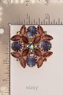 Vintage Crystal Flower Pin Brooch Prong Bezel Rhinestone Purple Blue Gold BinBG