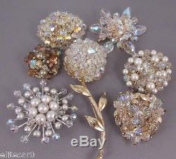 Vintage Crystal Rhinestone Flower Brooch Pin Lot Figural Lot 1950's Wedding