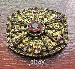 Vintage Czech Brass Filigree Brooch Pink Rhinestone Glass Openwork Sash Pin