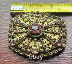 Vintage Czech Brass Filigree Brooch Pink Rhinestone Glass Openwork Sash Pin