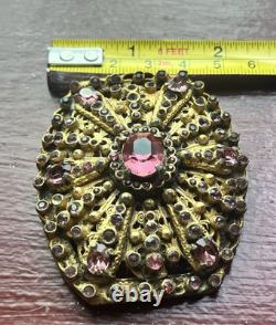 Vintage Czech Brass Filigree Brooch Pink Rhinestone Glass Openwork Sash Pin