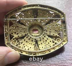 Vintage Czech Brass Filigree Brooch Pink Rhinestone Glass Openwork Sash Pin