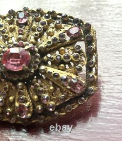 Vintage Czech Brass Filigree Brooch Pink Rhinestone Glass Openwork Sash Pin