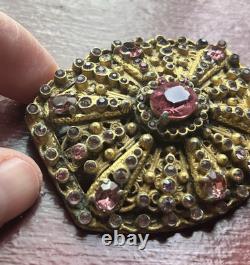 Vintage Czech Brass Filigree Brooch Pink Rhinestone Glass Openwork Sash Pin