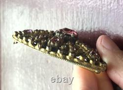 Vintage Czech Brass Filigree Brooch Pink Rhinestone Glass Openwork Sash Pin
