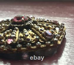 Vintage Czech Brass Filigree Brooch Pink Rhinestone Glass Openwork Sash Pin