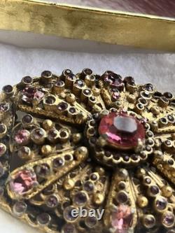 Vintage Czech Brass Filigree Brooch Pink Rhinestone Glass Openwork Sash Pin