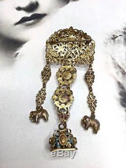 Vintage Czech Gold Gilt Rhinestone & Enamel Flowers Chatelaine Fob Brooch Pin
