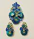 Vintage D&E Juliana Blue Green AB Margarita Rhinestone Brooch Clip Earrings Set