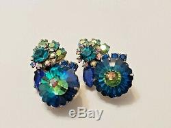 Vintage D&E Juliana Blue Green AB Margarita Rhinestone Brooch Clip Earrings Set