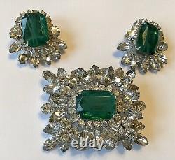 Vintage D & E Juliana Flawed Emerald Rhinestone Brooch & Earrings