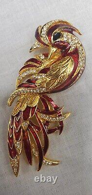 Vintage D'Orlan Boucher Bird of Paradise Gold Red Enamel Rhinestones Brooch Pin